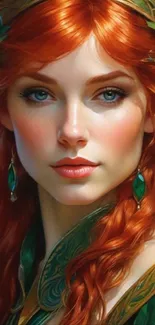 Portrait of a red-haired woman with green attire in a fantasy-themed setting.