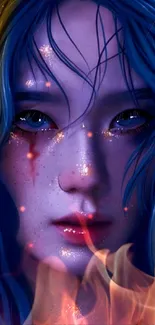 Mystical fantasy portrait with blue hair and golden accents for mobile wallpaper.