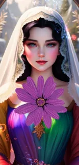 Fantasy artwork of a woman holding a purple flower, colorful and serene.