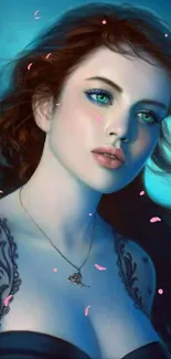 Fantasy portrait of a blue-eyed woman in digital art style.