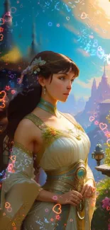 Enchanting fantasy princess in a vibrant, dreamy setting with colorful accents.