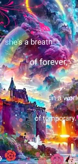 Colorful fantasy wallpaper with an inspirational quote.