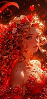 Fantasy red-haired woman in a vibrant digital art setting.