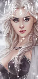 Fantasy snow queen with ice crystals in a magical setting, elegant and enchanting.