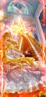 Fantasy princess at staircase with celestial sky.