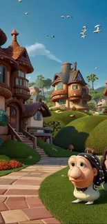 Enchanting fantasy village with whimsical characters and charming cottages.