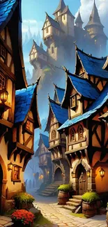 Enchanting medieval village with blue roofs and magical scenery.