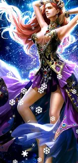 Enchanting fantasy warrior in vibrant purple with ethereal background.