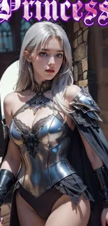 Fantasy warrior princess with silver armor in a medieval castle setting.