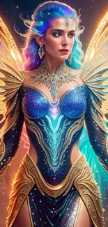 Fantasy warrior with vibrant wings and glowing armor in colorful scene.