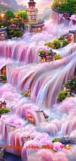 Fantasy wallpaper with waterfalls and vibrant pink hues.