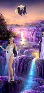 Fantasy landscape with waterfall and magical figures in vivid purple hues.