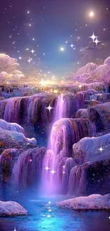 A magical purple waterfall under a starry sky in a fantasy landscape scene.