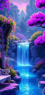 Fantasy waterfall with purple trees and vibrant foliage in a mystical setting.