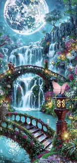 Enchanting fantasy scene with waterfall and bridge under moonlight.