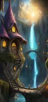 Magical fantasy wallpaper with waterfall and enchanted cottages.