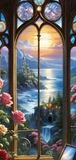 Gothic window framing a castle at sunset over a fantasy landscape.