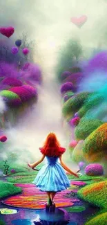 A girl in a blue dress exploring a vibrant fantasy wonderland.