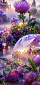 Enchanting fantasy world wallpaper with purple flowers and magical castles.