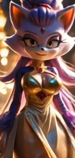 Feline fantasy character in golden dress with a magical background.