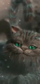 Whimsical cat with green eyes in a starry, dark gray backdrop.