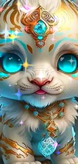 Charming feline with glowing cyan eyes and jeweled adornment on a dark background.