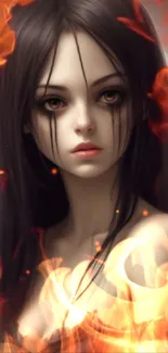 Enchanting girl with dark hair surrounded by fiery flames on a wallpaper background.