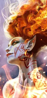 Enchanting elf with flaming hair and tattoos, vibrant fantasy wallpaper.