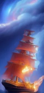 Fiery ship sailing under a dramatic blue night sky in fantasy art wallpaper.