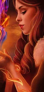 Fantasy art wallpaper of a woman casting fire spells with vibrant colors.