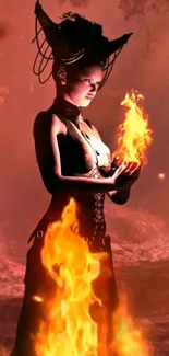 Mystical witch conjuring fire in dark art wallpaper.