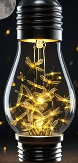 Lightbulb filled with glowing fireflies, illuminating the darkness.