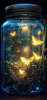 Enchanting glowing fireflies inside a blue glass jar creating a magical atmosphere.