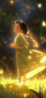 A girl stands surrounded by glowing fireflies in a green enchanting night scene.