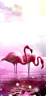 Enchanting pink flamingos on a serene lake mobile wallpaper.