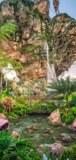 Mystical floating landscape with lush greenery and waterfalls.