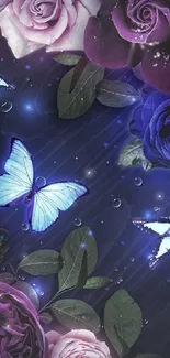 Purple roses and blue butterflies on floral background.