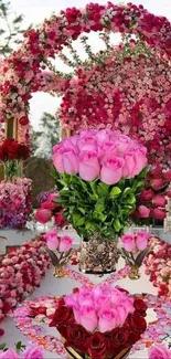 Pink floral archway with roses in scenic garden.