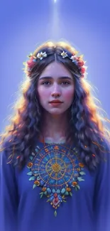 Artistic portrait of a young woman with a floral crown on a blue background.