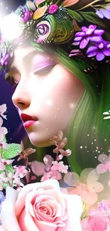 Mystical floral art wallpaper with serene woman and pink flowers.