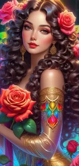 Artistic wallpaper of a woman with roses and colorful designs.