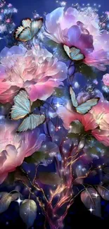 Enchanting floral and butterfly mobile wallpaper in dreamy blue hues.