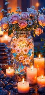 Flower vase with candles and stones for a tranquil ambiance.