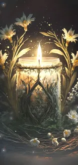 A glowing candle surrounded by delicate flowers in a dark, mystical setting.