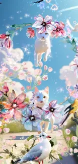 Whimsical cats with floral and bird accents on a blue sky background.