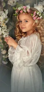 Child with floral crown in an ethereal setting, long curls, serene expression.