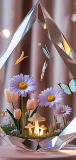 Floral crystal with daisies and butterflies in elegant design.