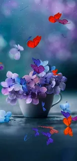 Elegant cup with delicate blue and purple flowers.