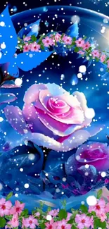 Enchanting pink rose in blue globe with butterfly.