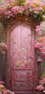 Rustic pink door with lush flowers.